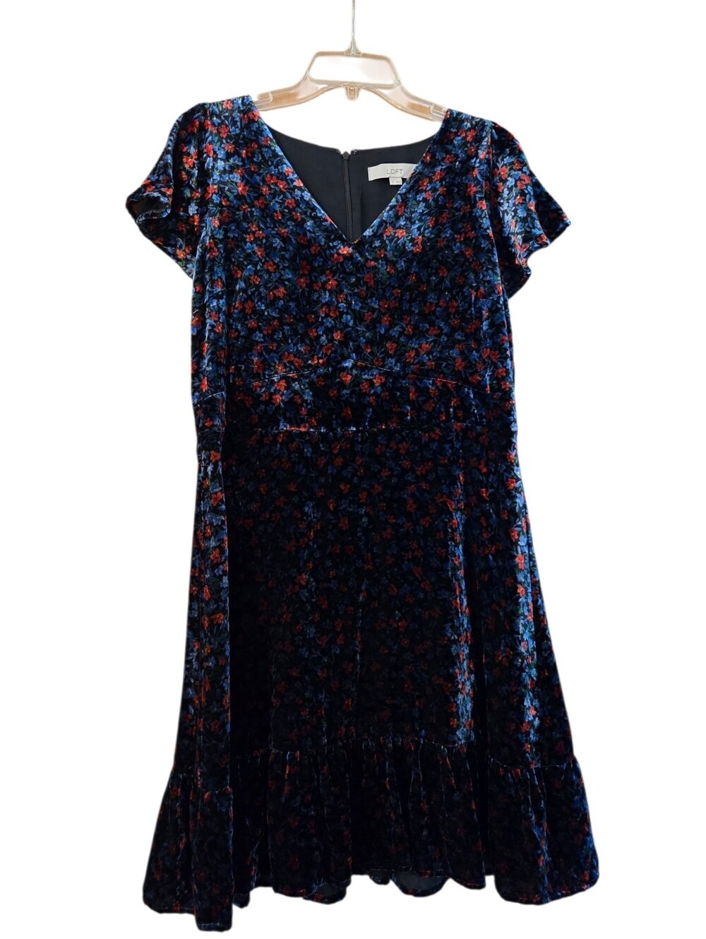 Loft Navy Floral Velvet Flutter Sleeve Tiered Ruffle Bottom Dress Size 12